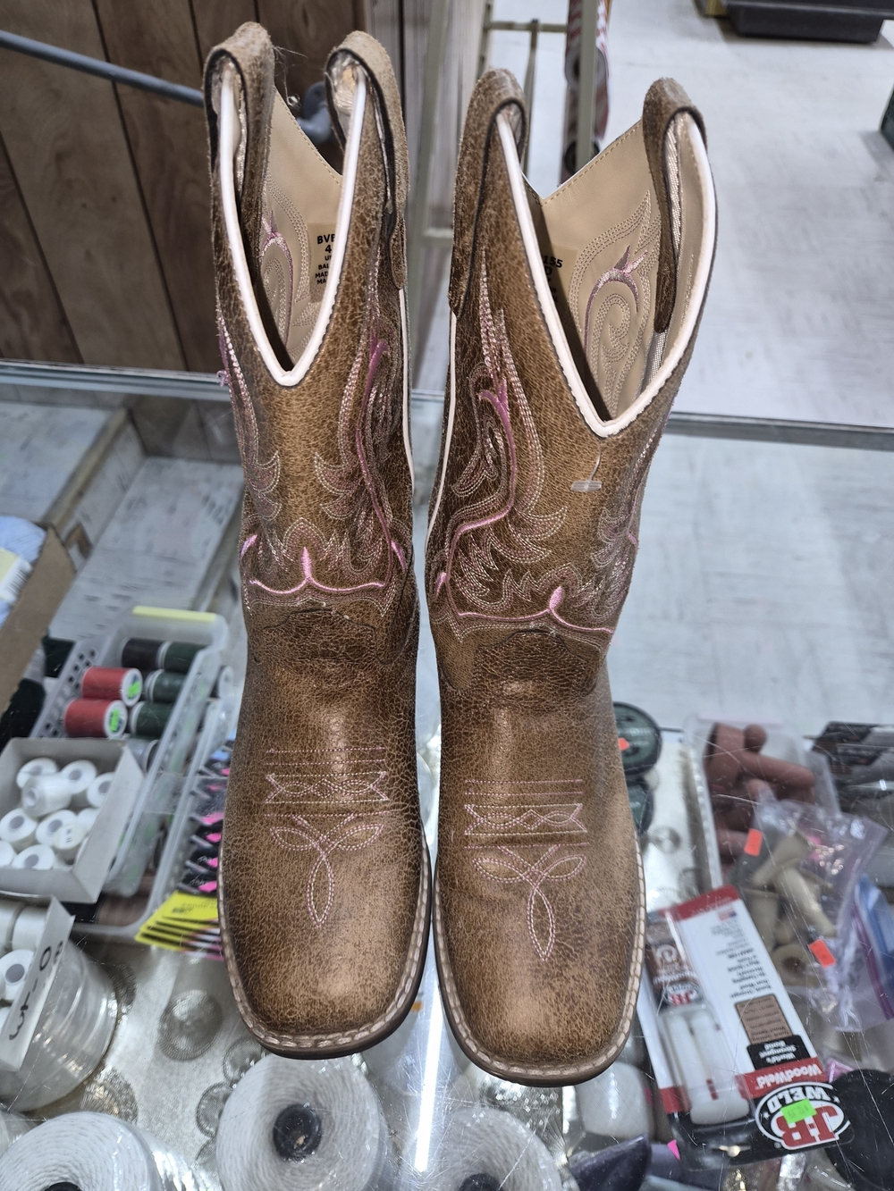 Shyanne Brown Kids Western Boots with Pink Stitching
